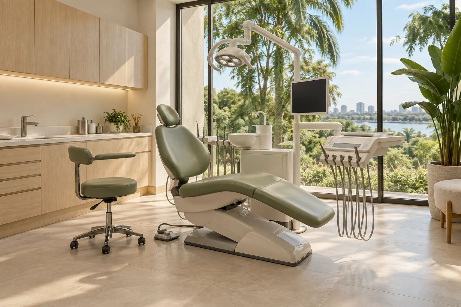 Visualización de un consultorio dental luminoso, con sillón verde salvia, madera clara y vista a un jardín.